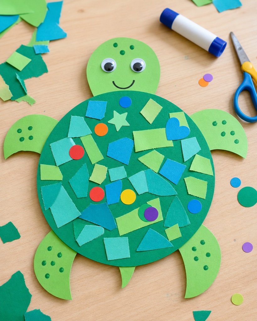 Simple construction paper sea turtle craft decorated with paper scraps and stickers