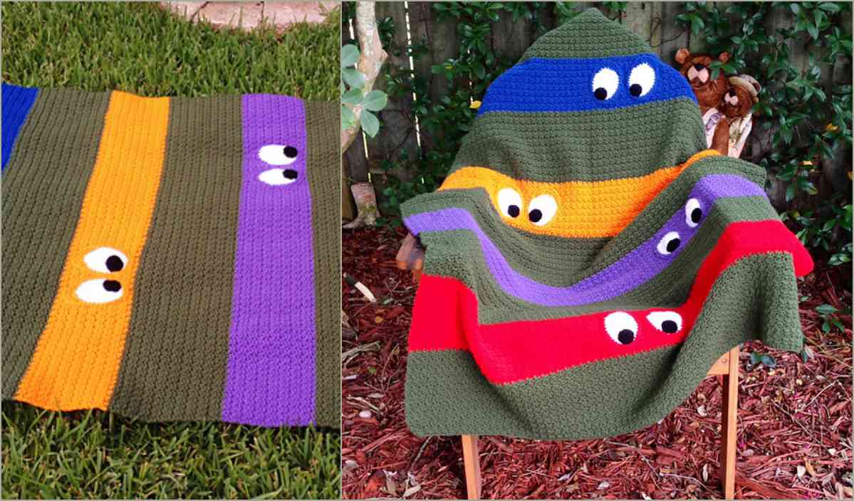 Crochet teenage mutant ninja turtle blanket with four character eye bands