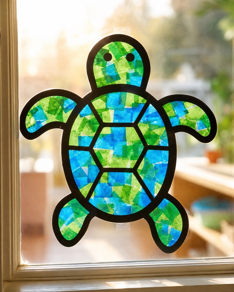 Green and blue tissue paper sea turtle suncatcher glowing in a sunny window