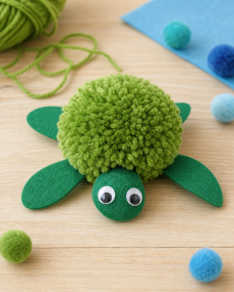 Fluffy green pom-pom sea turtle craft with felt flippers and googly eyes