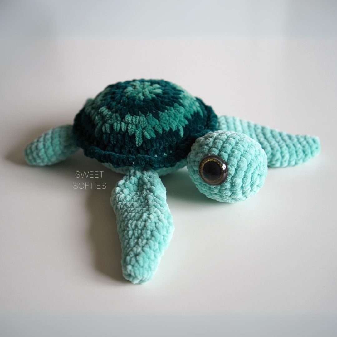 Realistic multi-green no-sew crochet sea turtle with a textured shell