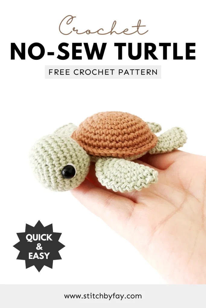 Small green and brown no-sew crochet sea turtle with folded flippers