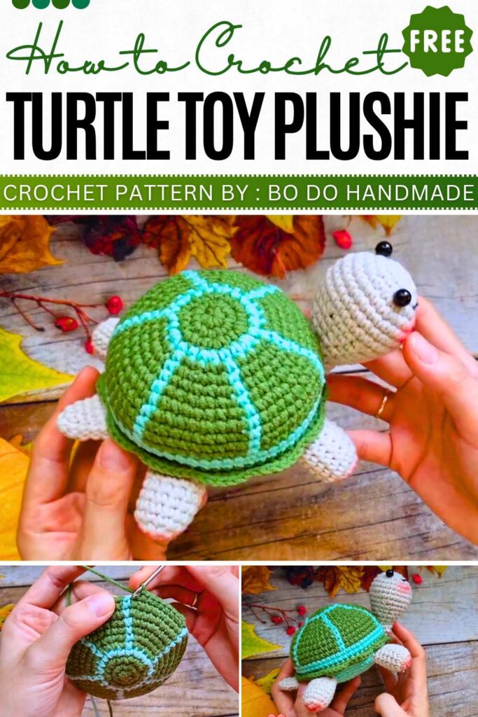 Small green crochet turtle keychain with raised shell lines and a smiling face
