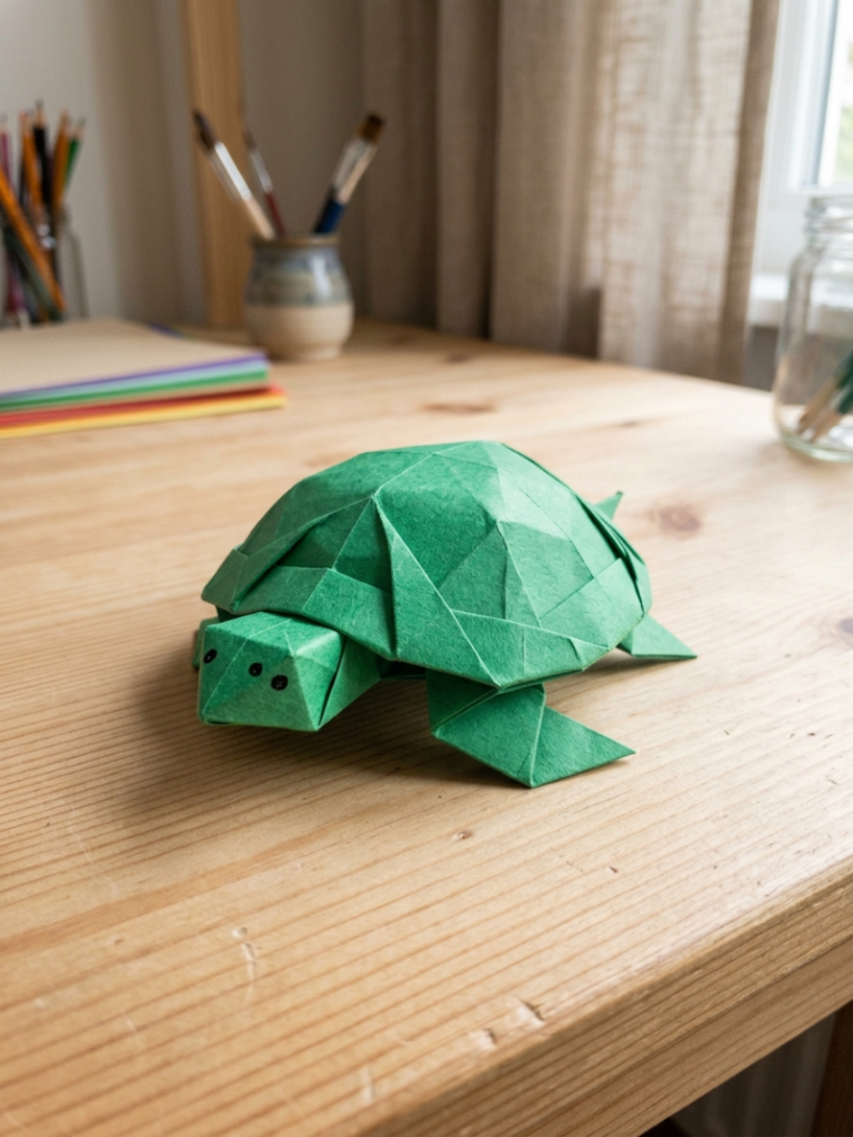 Folded green origami paper turtle with a pointed head, flipper legs, and a domed shell