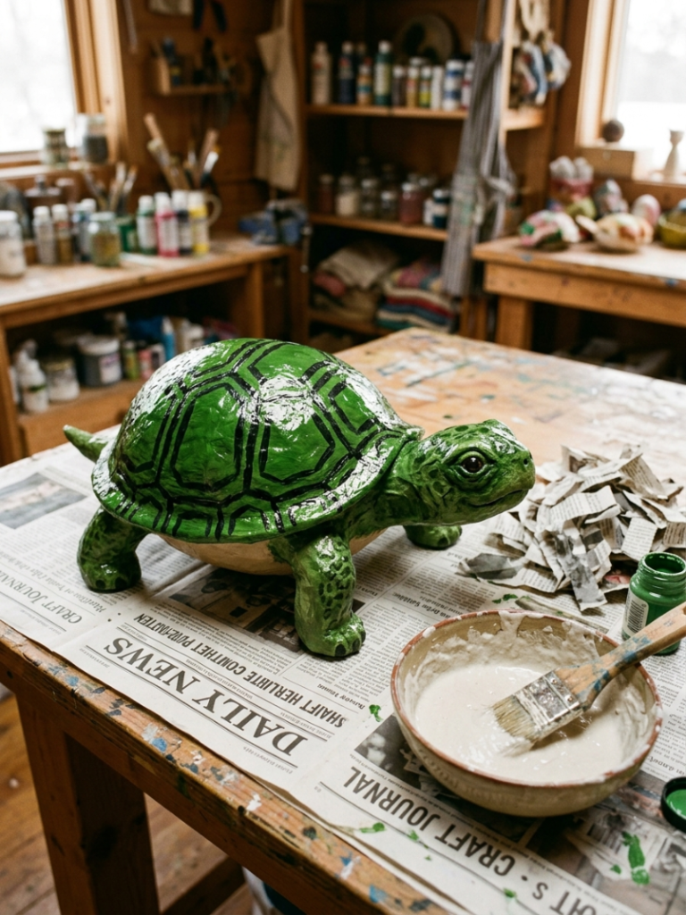 Painted green paper mache turtle with a hard domed shell and black hexagon scute pattern