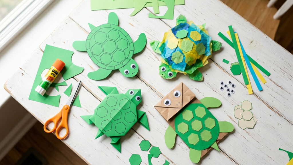 A collection of handmade paper turtle crafts including construction paper, tissue paper, origami, and paper bag puppet turtles arranged on a white table