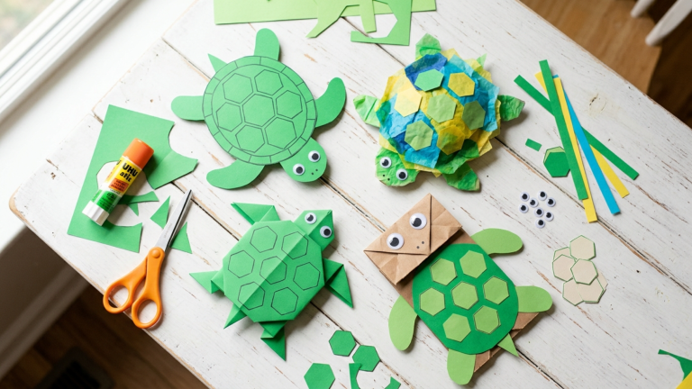 A collection of handmade paper turtle crafts including construction paper, tissue paper, origami, and paper bag puppet turtles arranged on a white table