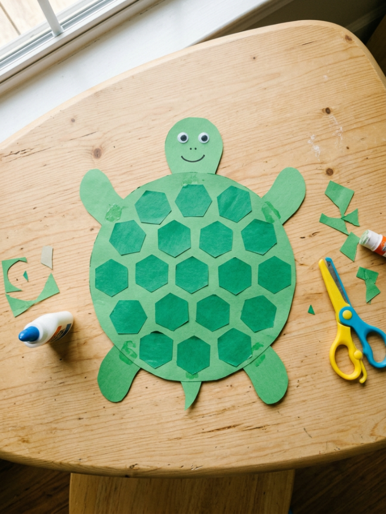 Green construction paper turtle craft with a round shell, cut-out head and legs, and googly eyes