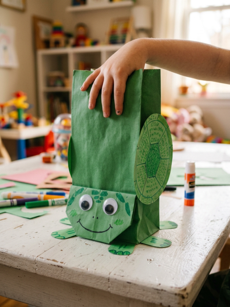 Green paper bag turtle puppet with a round paper shell and googly eyes made from a lunch bag
