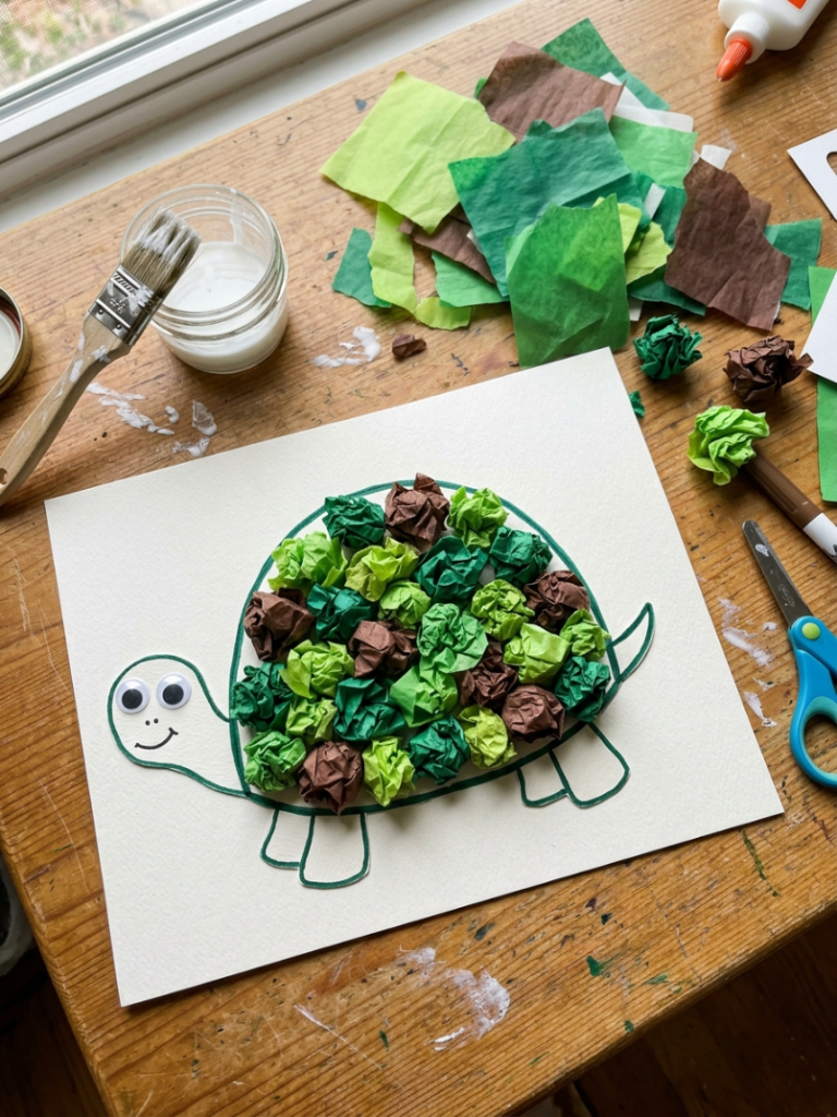 Turtle craft with a bumpy shell made of scrunched green and brown tissue paper balls