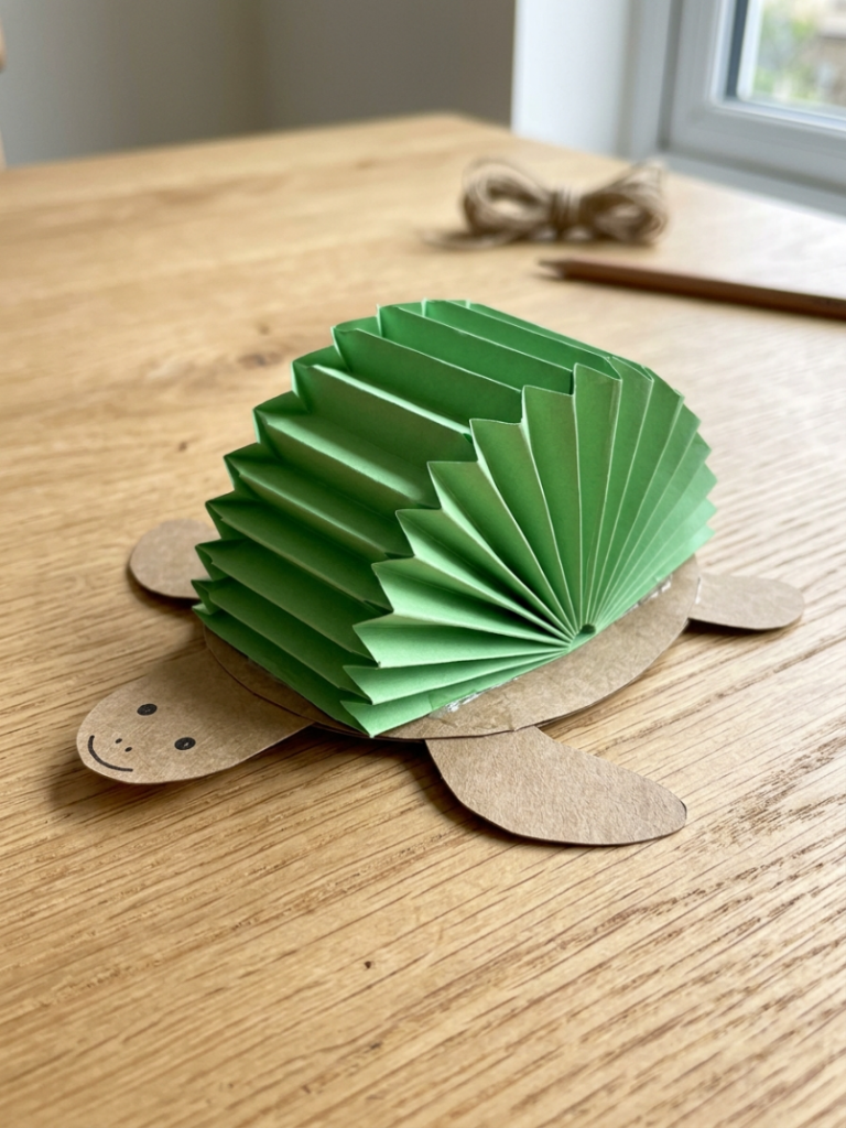 Paper turtle with a raised 3D shell made from an accordion fan-folded green paper strip
