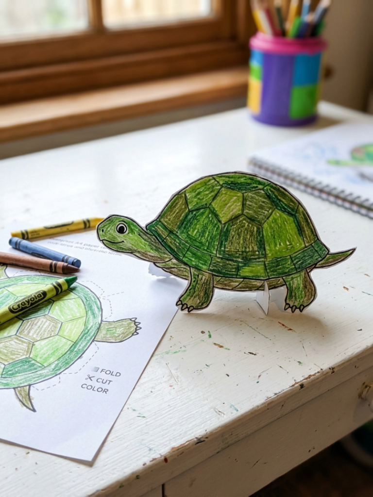 Colored-in printable paper turtle template cut out and assembled to stand up