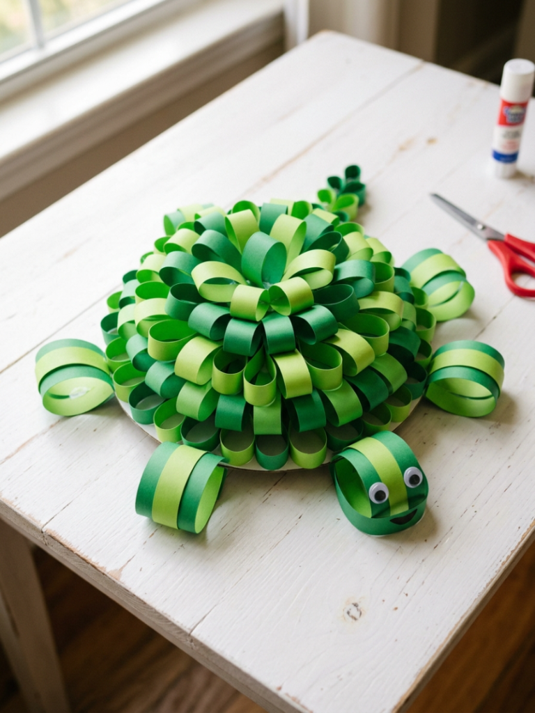 Puffy paper turtle made from green teardrop paper loops forming a domed shell