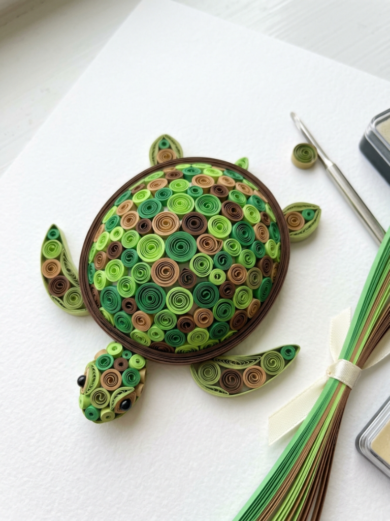 Paper quilling turtle with a shell of rolled green and brown paper coils arranged in a mosaic