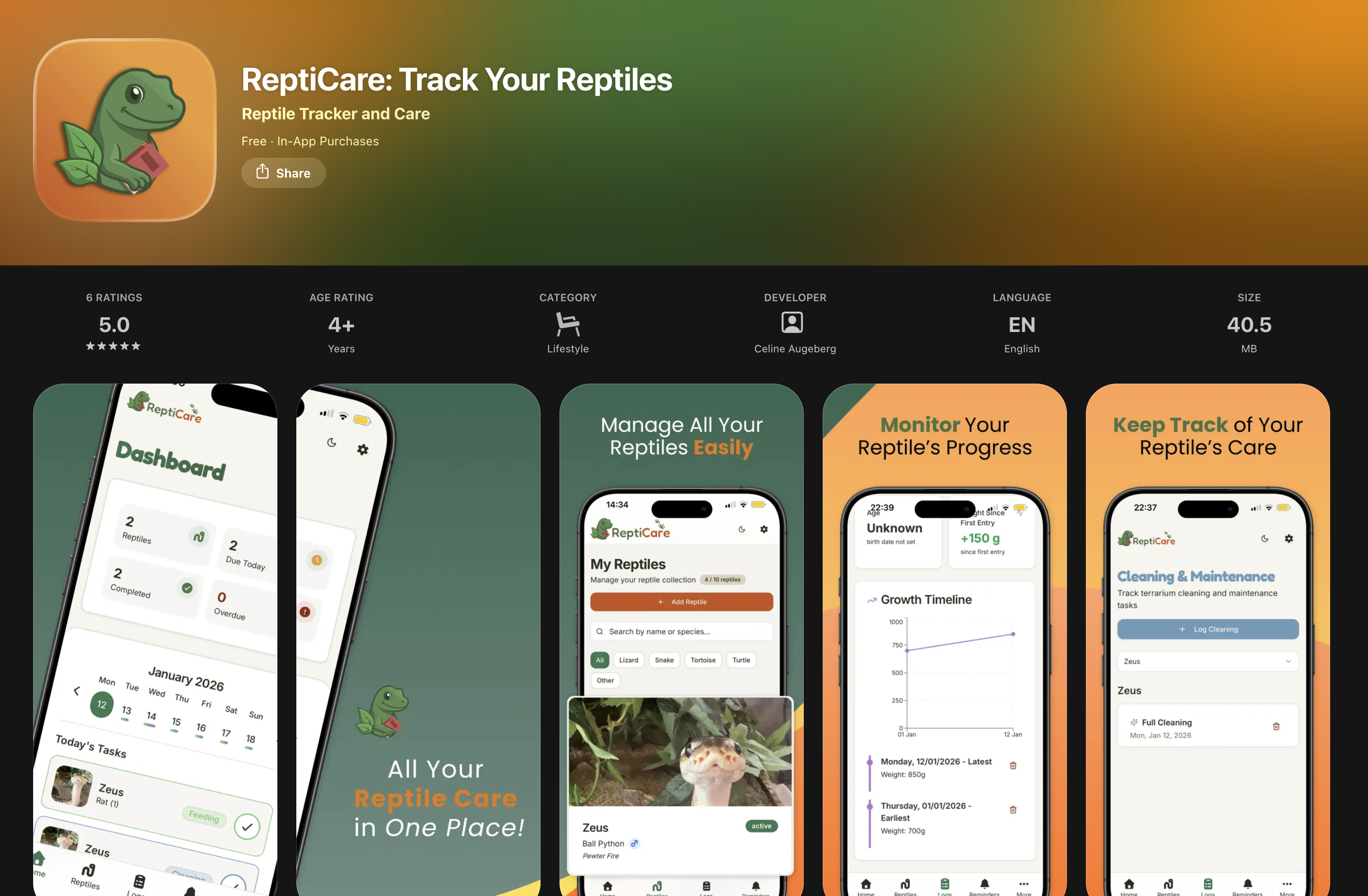 ReptiCare reptile tracking app for feeding, weight, and UVB reminders