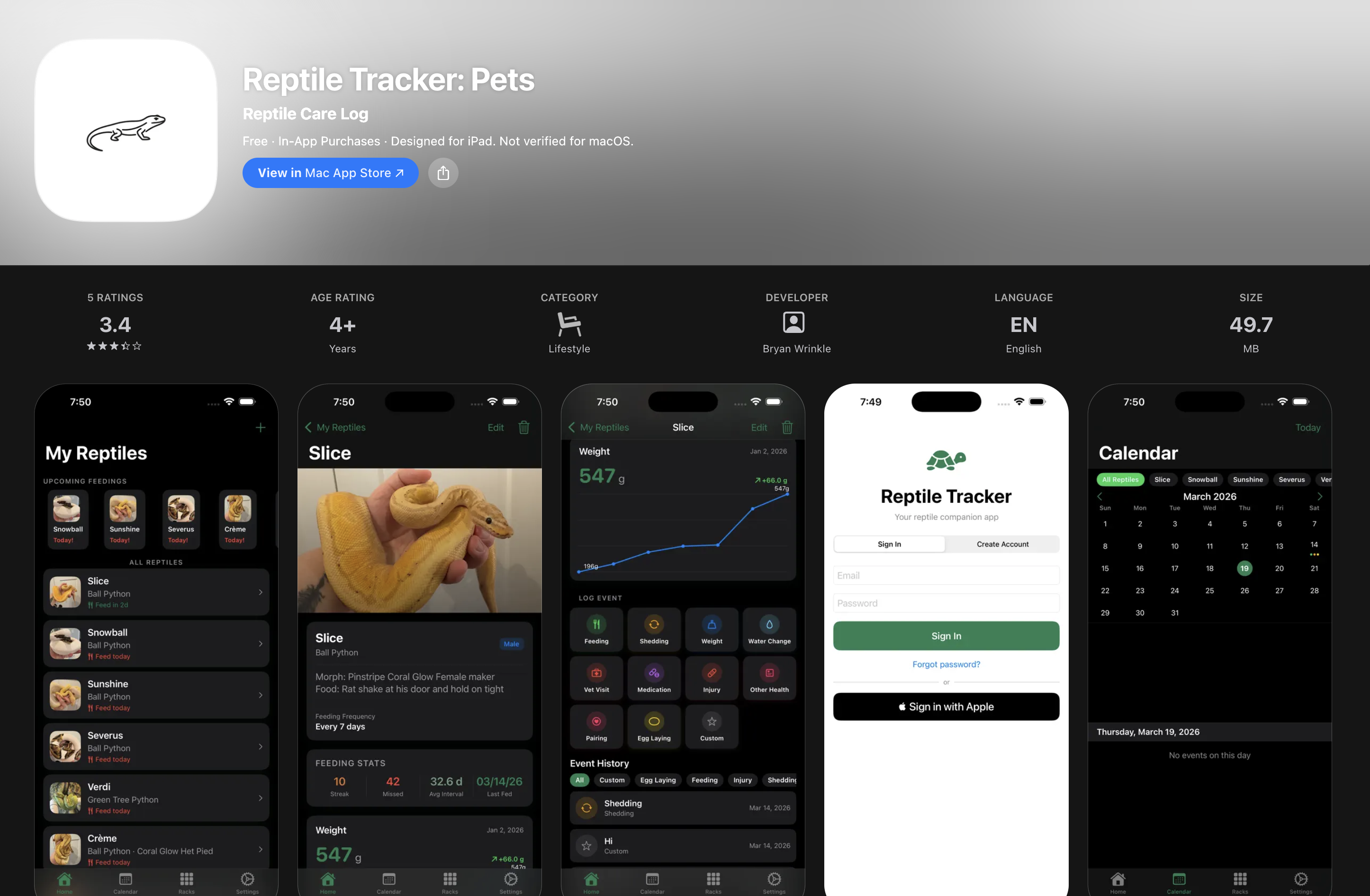 Reptile Tracker Pets app feeding dashboard showing overdue and due feedings