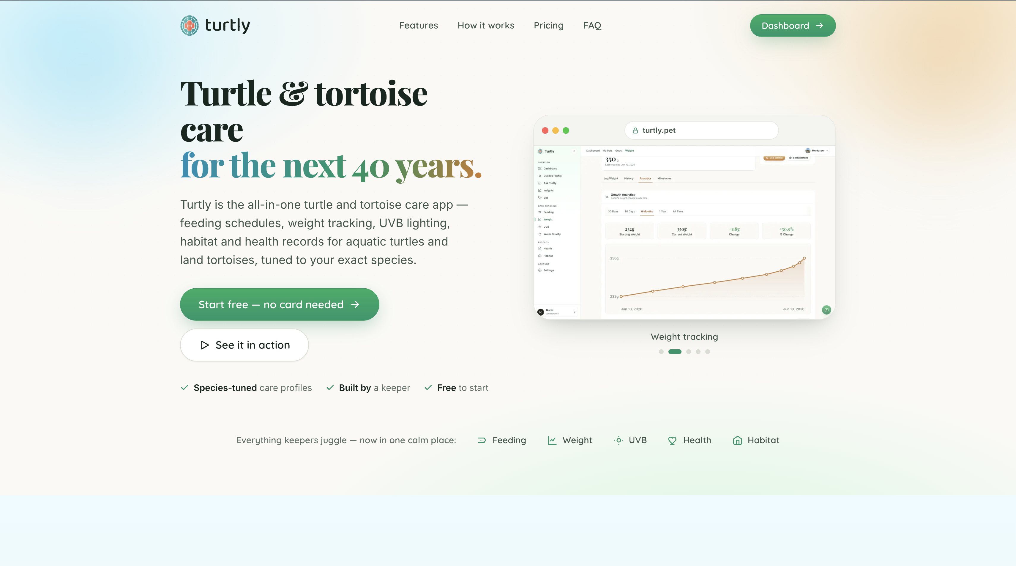 Turtly turtle and tortoise care app dashboard showing feeding, weight, and UVB tracking