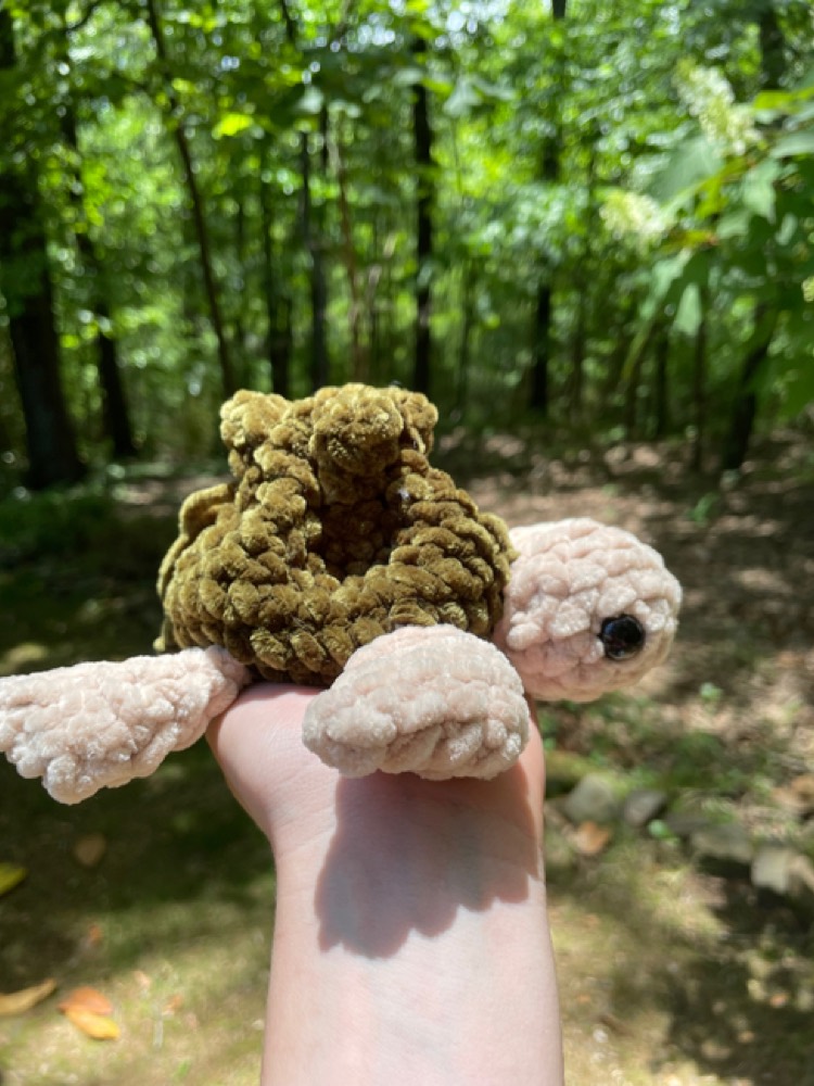 Small green and pink chenille crochet turtle pouch held up outdoors