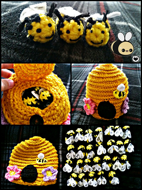 Crochet spelling bees with alphabet letters and a beehive by Crochet by Coraggio