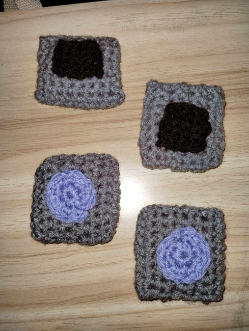 Crochet memory game pieces in five colors by Crochet by Kristie