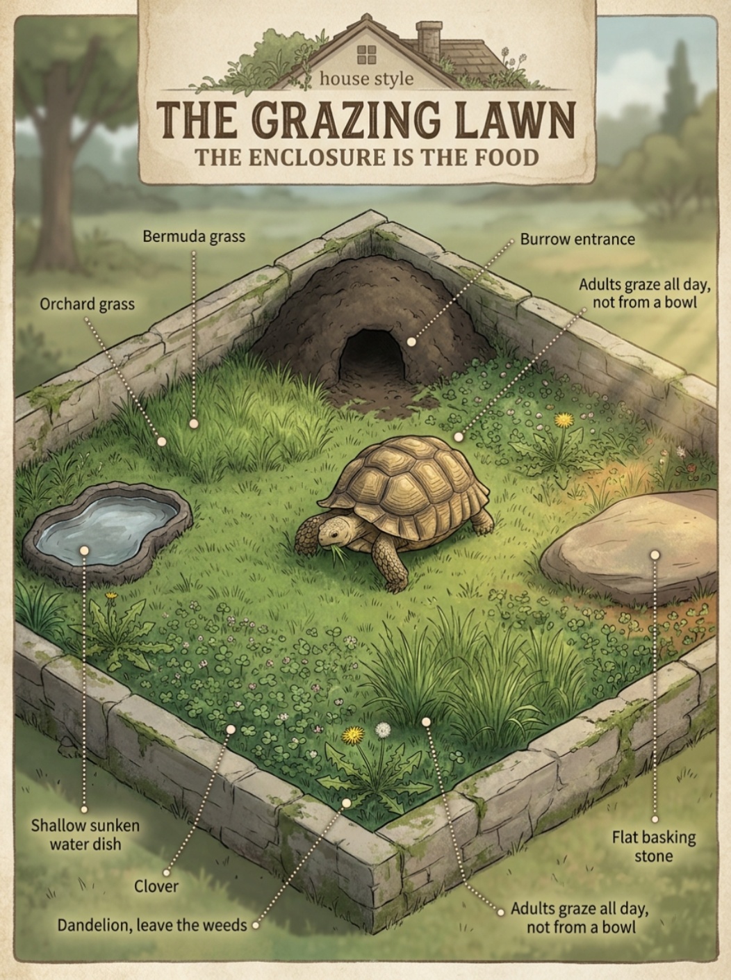 Isometric diagram of a sulcata tortoise enclosure planted as a grazing lawn with Bermuda grass, orchard grass, clover and dandelion, plus sunken water dish, basking stone and burrow entrance