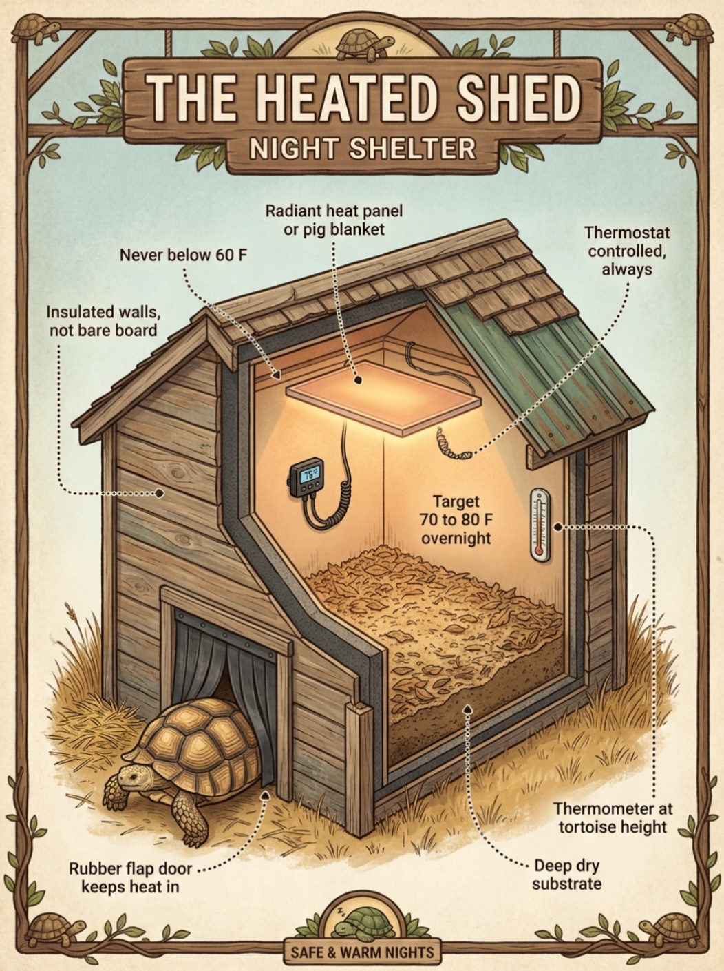 Cutaway diagram of a heated shed for a sulcata tortoise showing insulated walls, radiant heat panel, thermostat, thermometer, rubber flap door and deep dry substrate