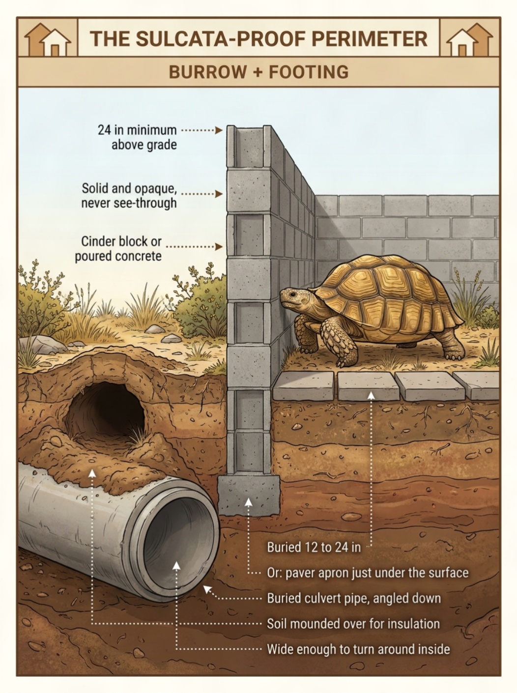 Cutaway diagram of a sulcata tortoise enclosure wall showing 24 inch opaque cinder block wall, footing buried 12 to 24 inches, paver apron under the surface, and a buried culvert pipe burrow
